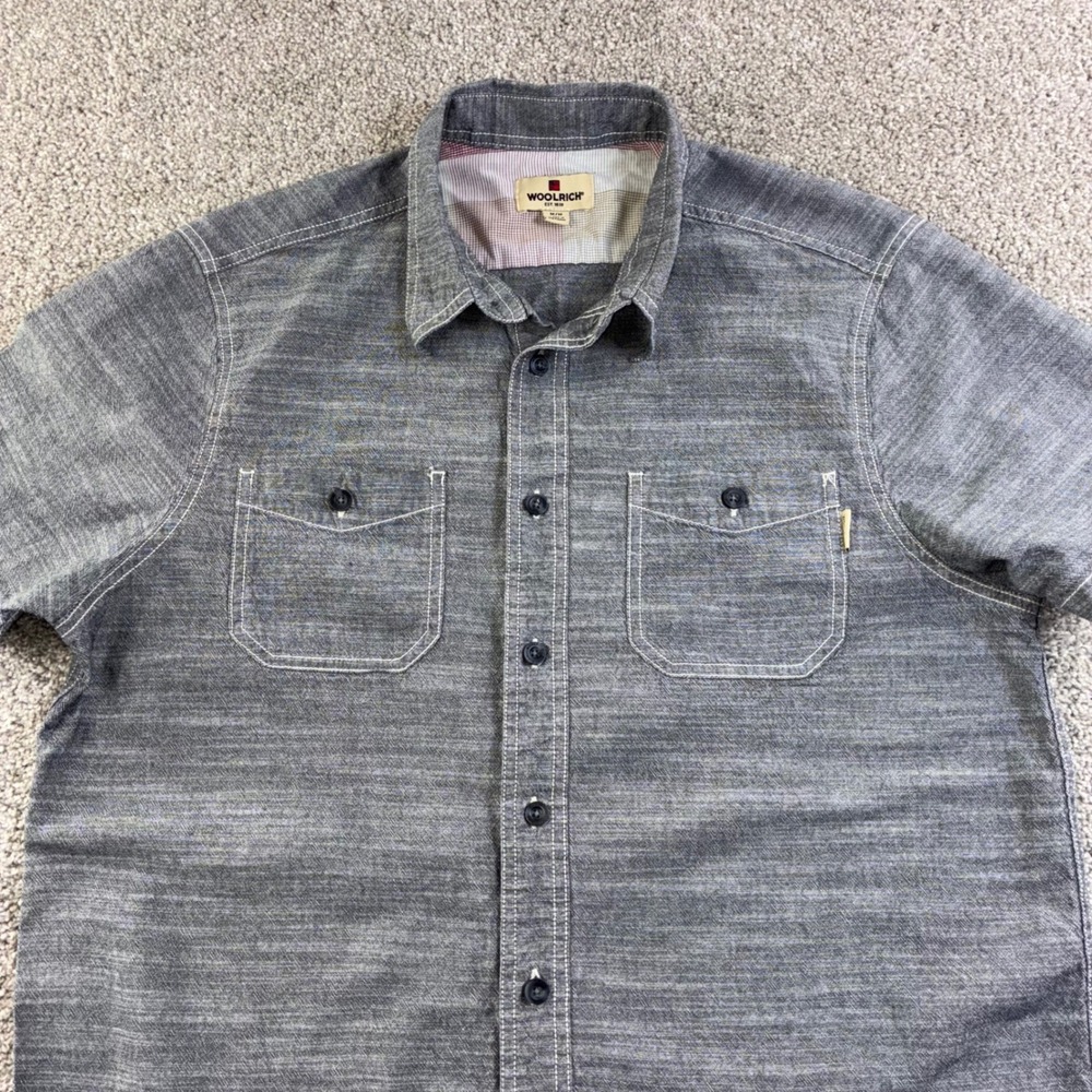 Woolrich Mens M Button Up Shirt Gray Cotton Chambray Workwear Casual Utility
